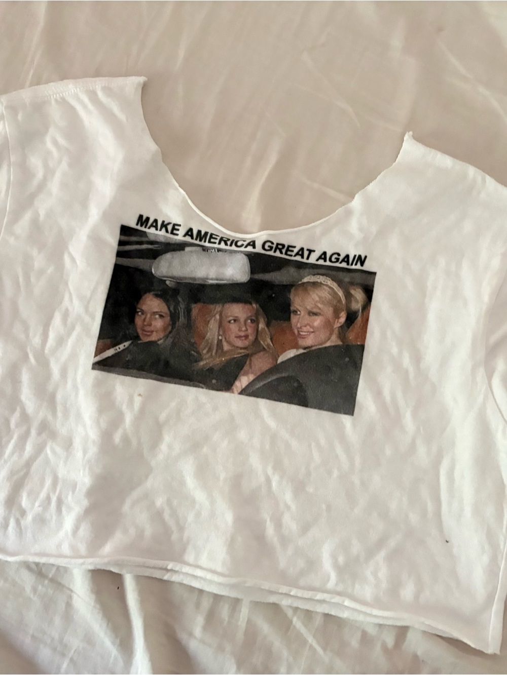 White Graphic Crop Top - Make America Great Again Print